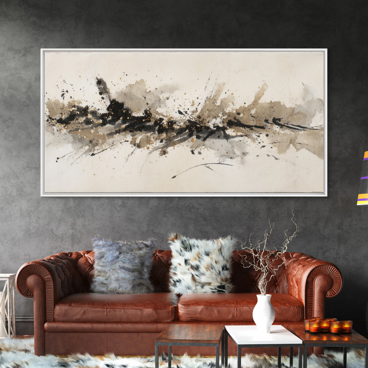 Ink Splatter and Long Brushstroke Composition Canvas Print, Calligraphy Art, Wall Art, Living Room Decor, Fine Art, Script, CAL-2x1-36