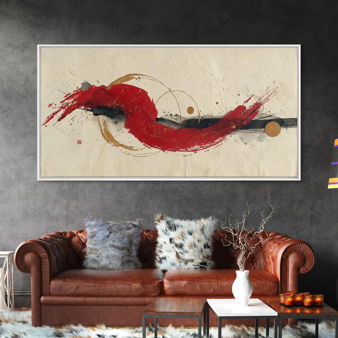 Bold Red Brushstroke Seal Abstraction Canvas Print, Calligraphy Art, Painting, Living Room Decor, Script, Japanese Art, CAL-2x1-39
