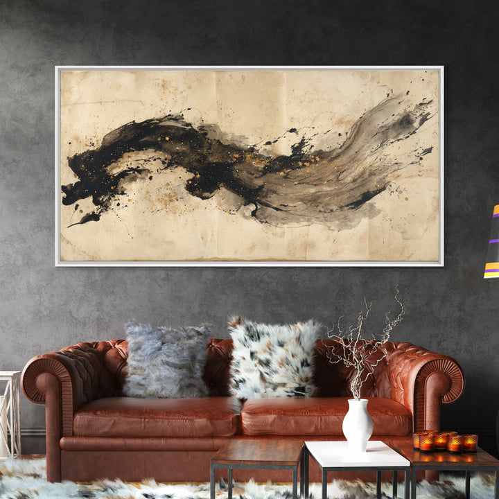 Large Sweeping Black Ink Gesture Like a Framed Canvas Print, Calligraphy Art, Prints, Living Room Decor, Fine Art, Script, CAL-2x1-45
