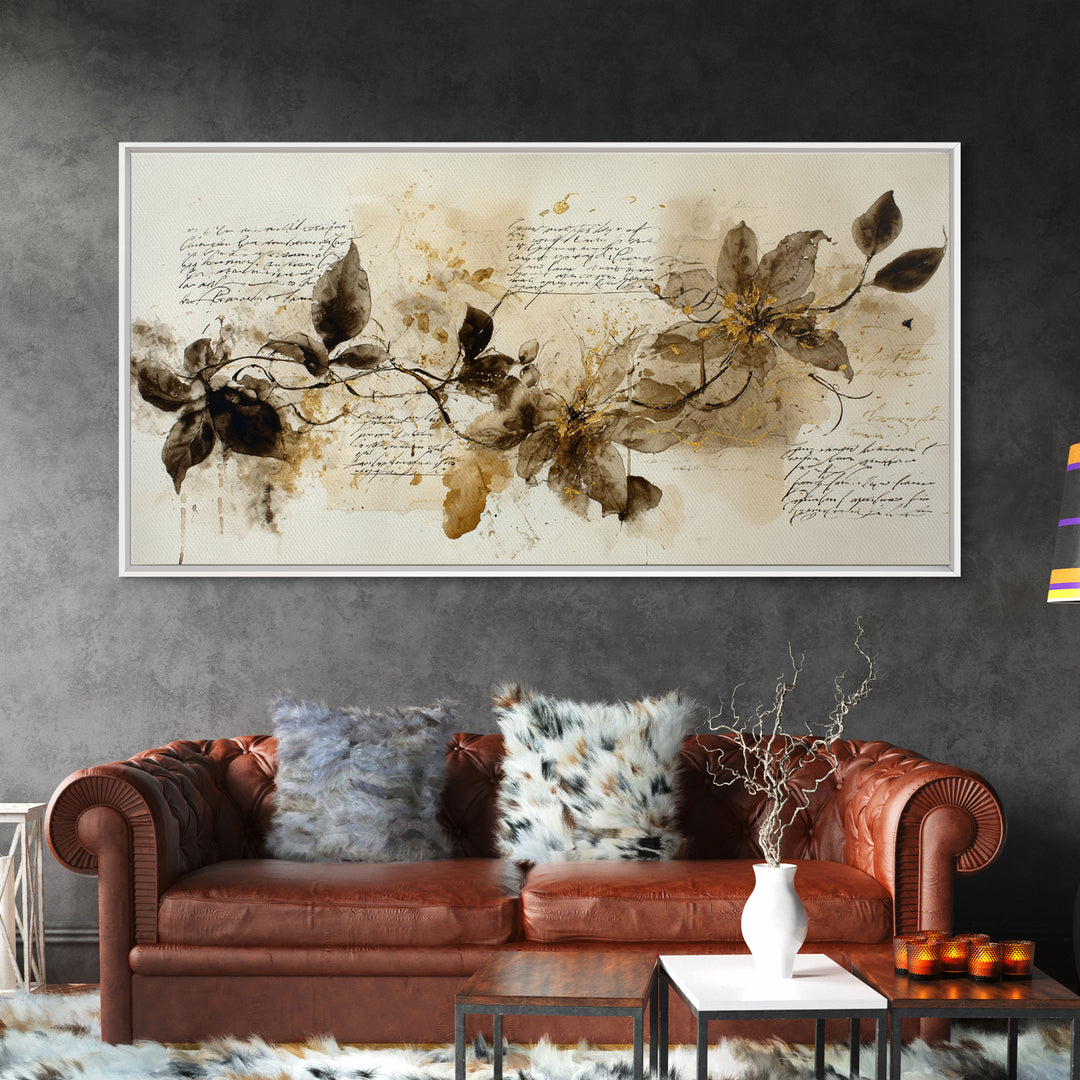 Floral Vine Created from Graceful Script Like Framed Canvas Print, Calligraphy Art, Wall Art Print, Living Room Decor, Script, CAL-2x1-55