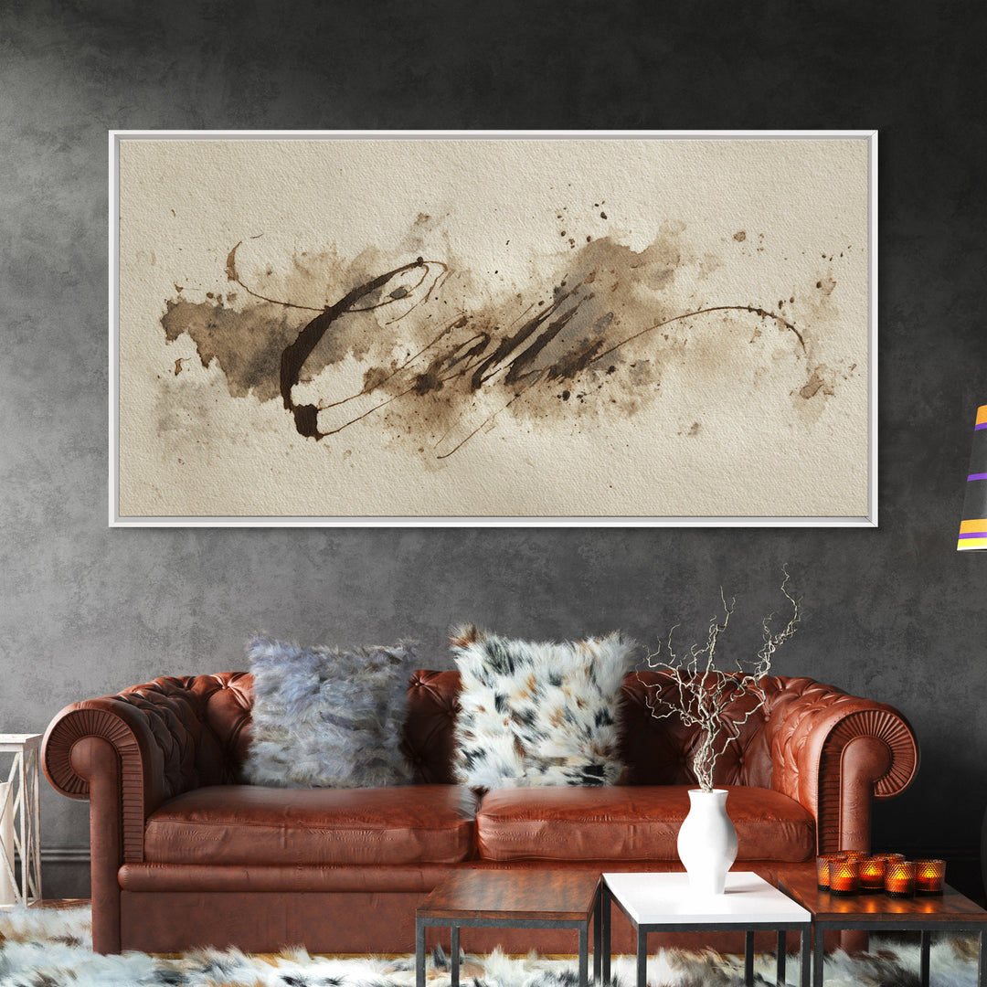 Ink Splatter and Long Brushstroke Composition Framed Canvas Print, Calligraphy Art, Prints, Living Room Decor, Fine Art, Script, CAL-2x1-60