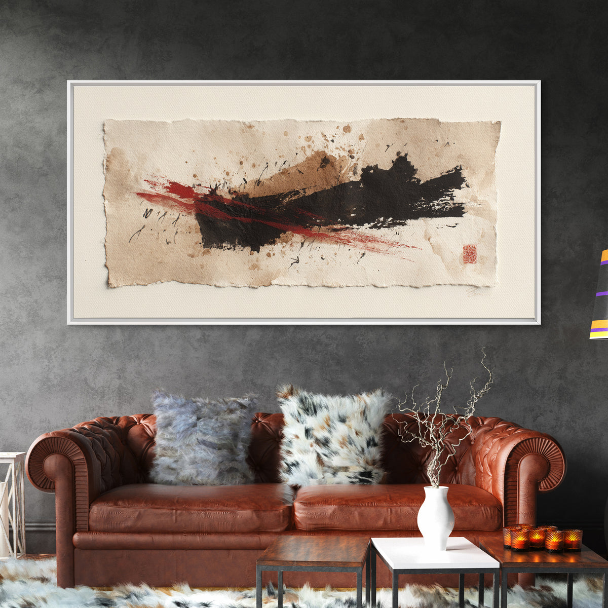 Bold Red Brushstroke Seal Abstraction Canvas Print, Calligraphy Art, Modern Wall Art, Living Room Decor, Fine Art, Script, CAL-2x1-63