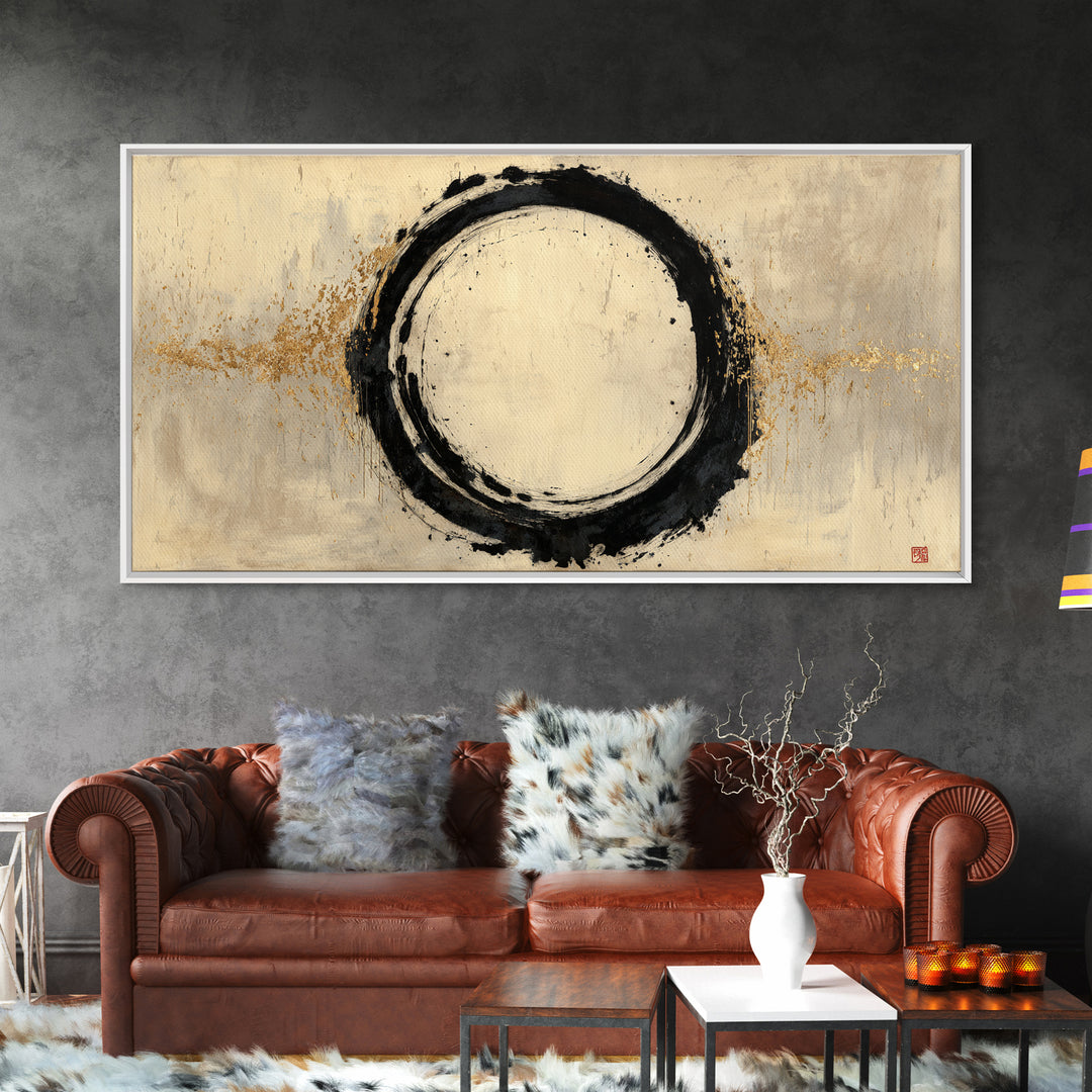 Japanese Brush Mark Circle Framed Canvas Print, Calligraphy Art, Printable Wall Art, Living Room Decor, Fine Art, Script, CAL-2x1-72