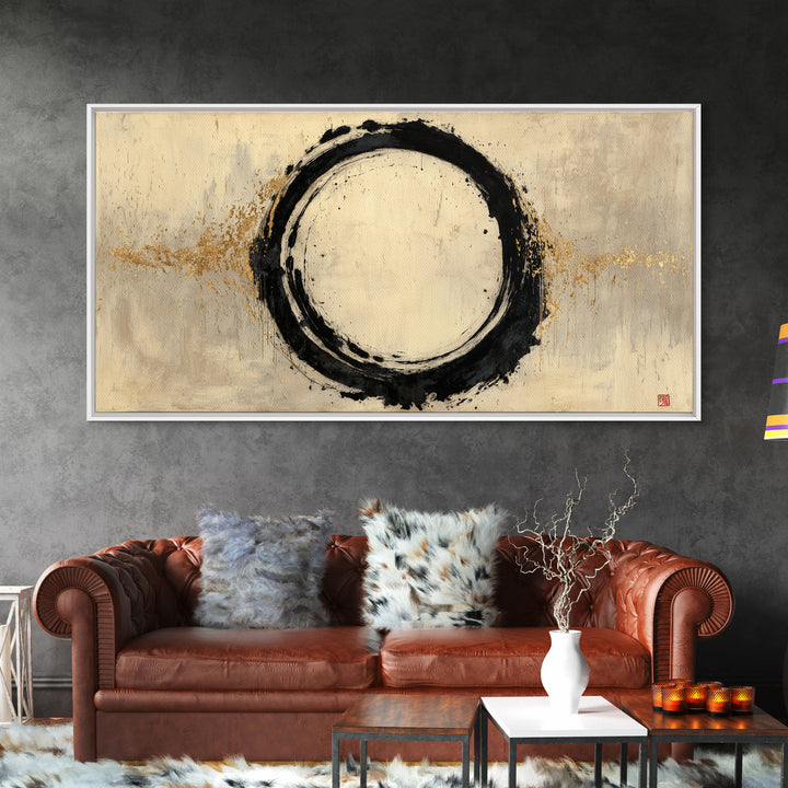 Japanese Brush Mark Circle Framed Canvas Print, Calligraphy Art, Printable Wall Art, Living Room Decor, Fine Art, Script, CAL-2x1-72