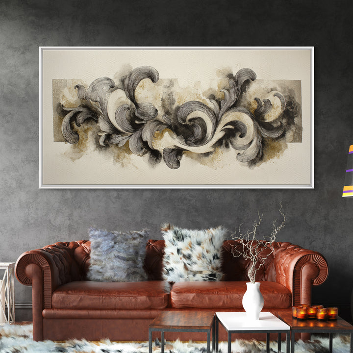 Baroque Scrollwork Made from Looping Pen Strokes Framed Canvas Print, Calligraphy Art, Japanese Art, Living Room Decor, Script, CAL-2x1-80