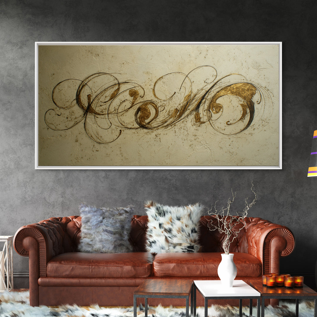 Gold Leaf Calligraphic Spiral on Plaster Surface Canvas Print, Calligraphy Art, Wall Art, Living Room Decor, Watercolor Art, CAL-2x1-82