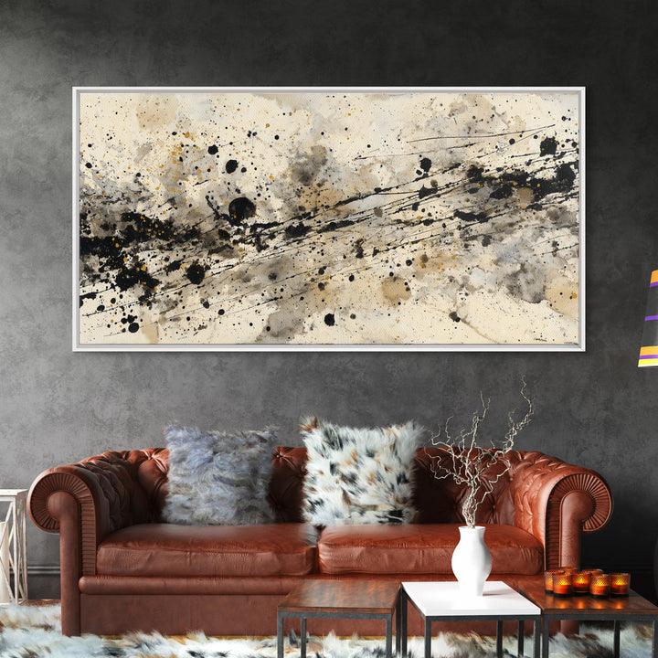 Ink Splatter and Long Brushstroke Composition Canvas Print, Calligraphy Art, Living Room Wall Art, Living Room Decor, Script, CAL-2x1-84