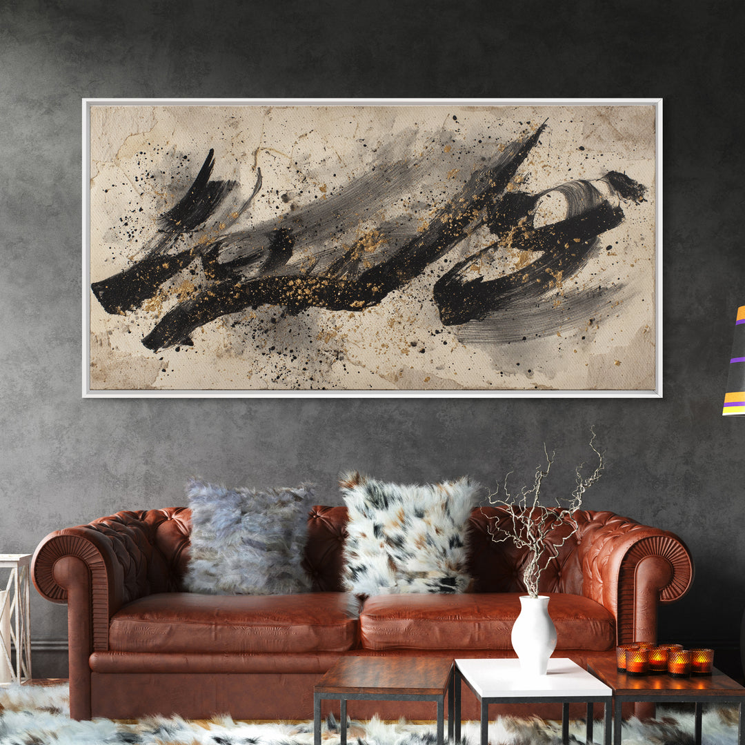 Monochrome Brush Alphabet Fragments as Abstract Texture Canvas Print, Calligraphy Art, Living Room Decor, Script, CAL-2x1-9