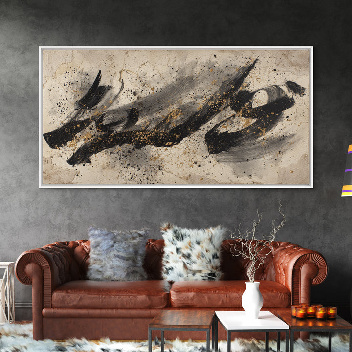 Monochrome Brush Alphabet Fragments as Abstract Texture Canvas Print, Calligraphy Art, Living Room Decor, Script, CAL-2x1-9