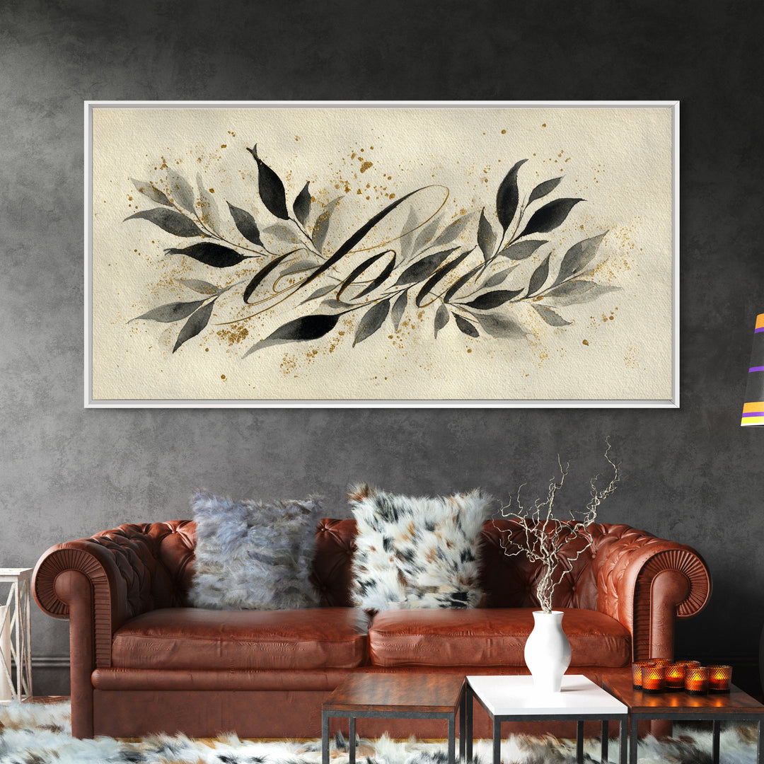 Botanical Calligraphy Pattern Framed Canvas Print, Calligraphy Art, Art, Living Room Decor, Fine Art, Script, Unique Wall Art, CAL-2x1-90