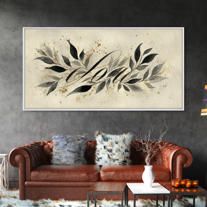 Botanical Calligraphy Pattern Framed Canvas Print, Calligraphy Art, Art, Living Room Decor, Fine Art, Script, Unique Wall Art, CAL-2x1-90