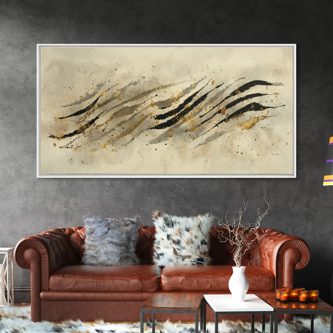 Abstract Gold Calligraphic Strokes on Ivory Paper Canvas Print, Calligraphy Art, Wall Decor, Living Room Decor, Script, CAL-2x1-94