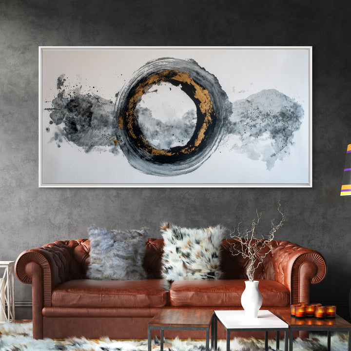 Japanese Brush Mark Circle Framed Canvas Print, Calligraphy Art, Watercolor Art, Living Room Decor, Fine Art, Script, CAL-2x1-96