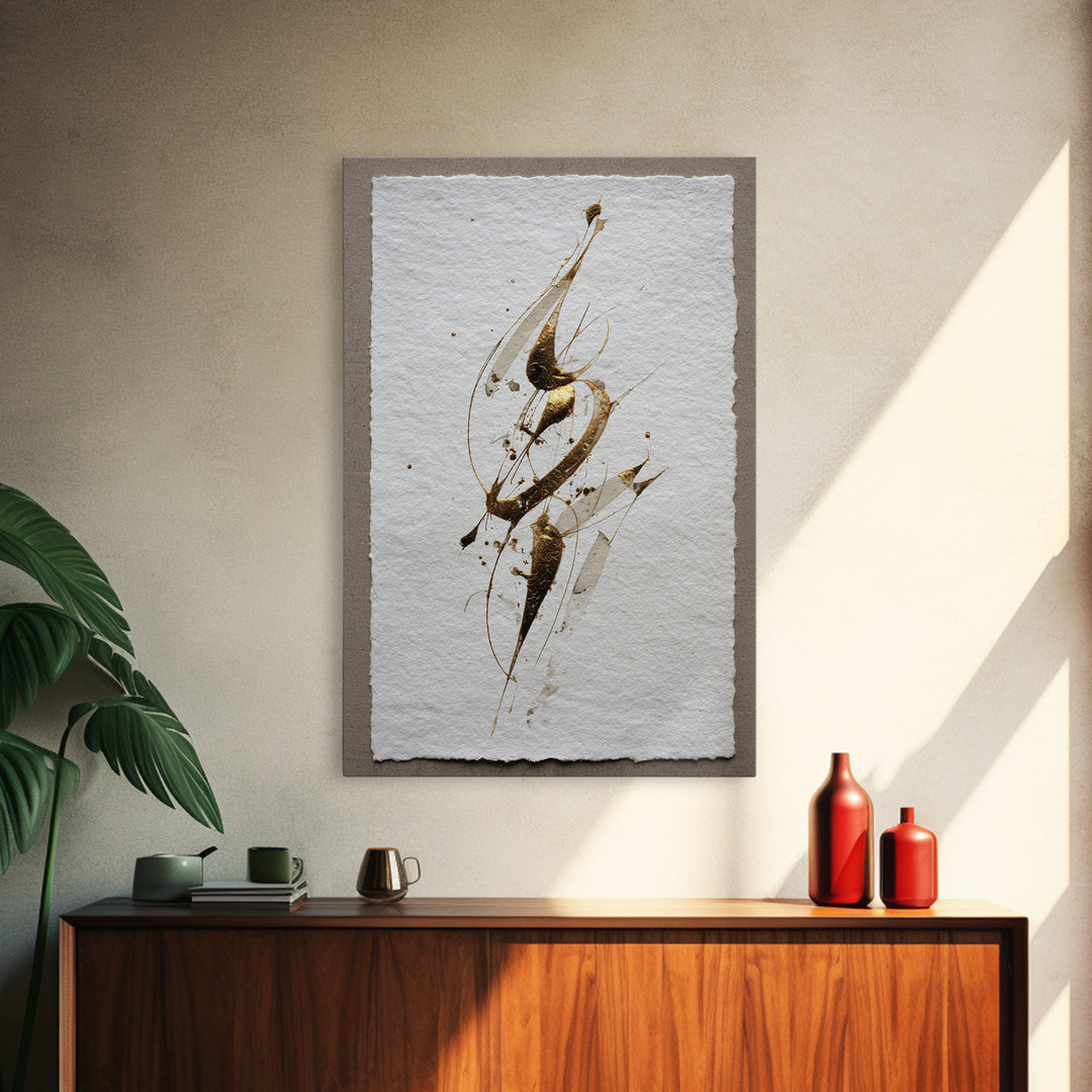Abstract Gold Calligraphic Strokes on Ivory Paper Canvas Print, Calligraphy Art, Luxury Decor, Living Room Decor, Script, CAL-2x3-10