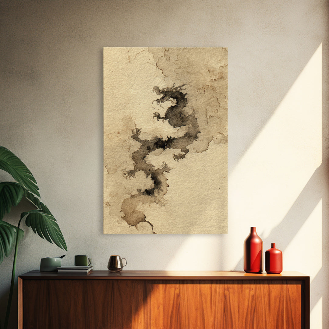 Ink Wash Dragon Curve Framed Canvas Print, Calligraphy Art, Painting, Living Room Decor, Fine Art, Script, Japanese Art, CAL-2x3-17