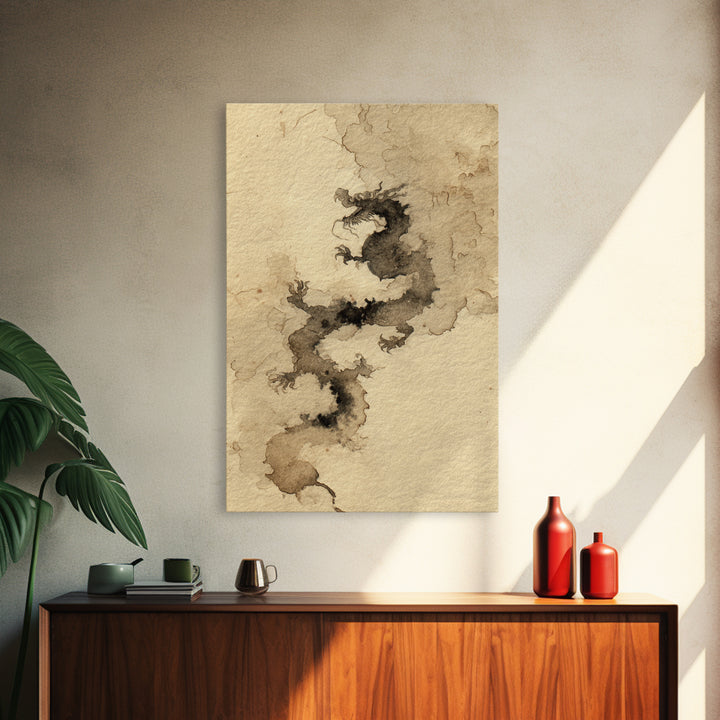 Ink Wash Dragon Curve Framed Canvas Print, Calligraphy Art, Painting, Living Room Decor, Fine Art, Script, Japanese Art, CAL-2x3-17