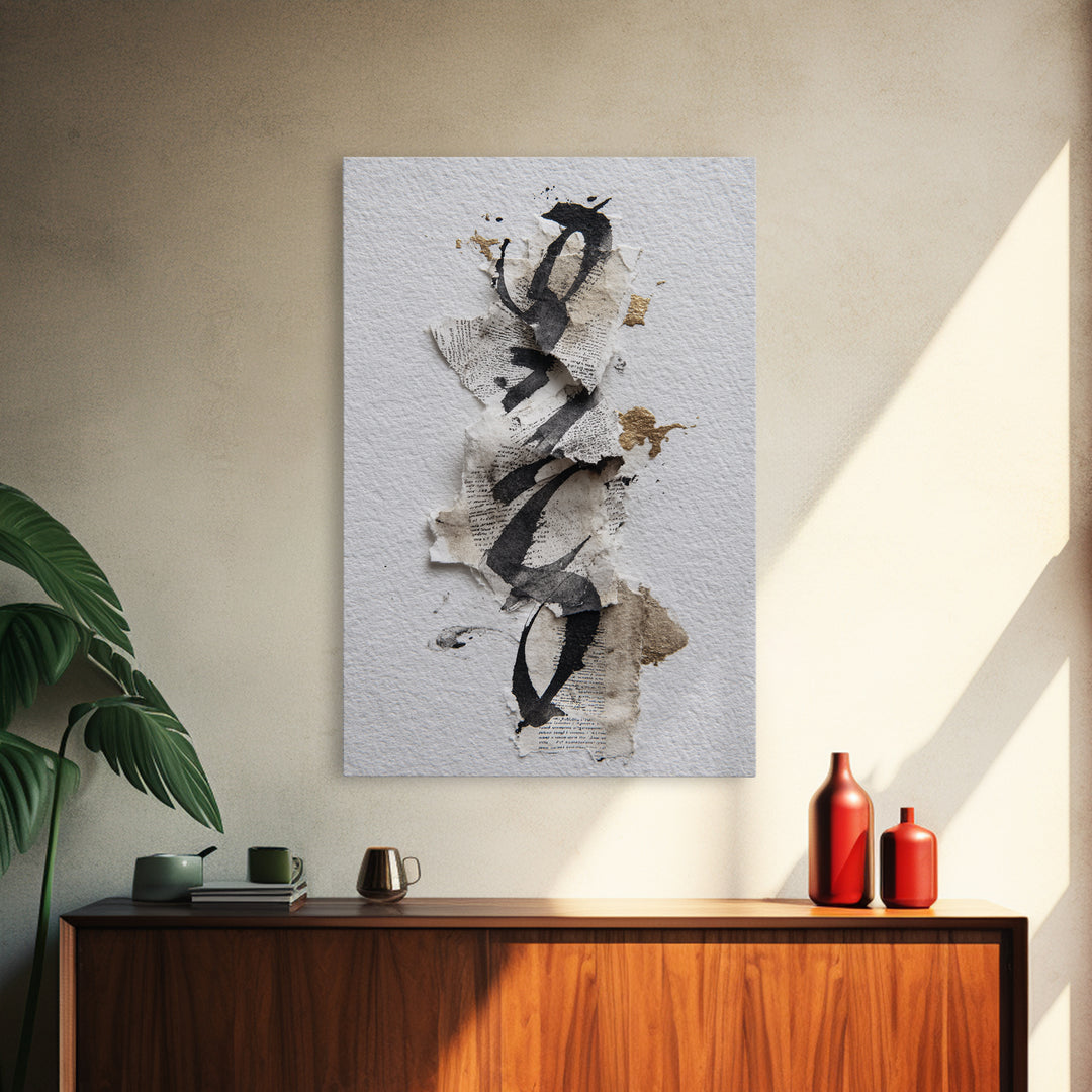 Monochrome Brush Alphabet Fragments as Abstract Texture Canvas Print, Calligraphy Art, Living Room Decor, Script, CAL-2x3-21