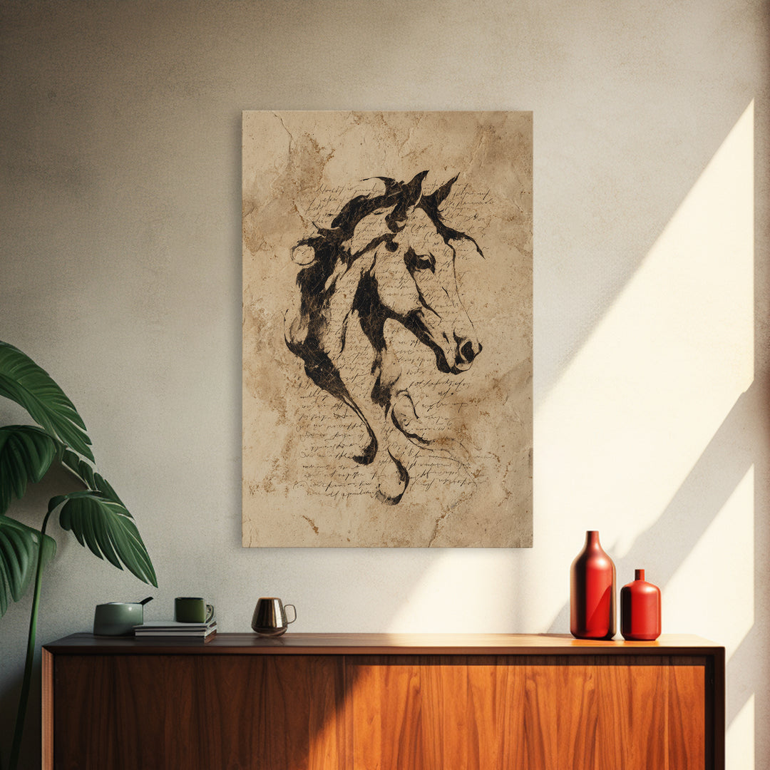 Calligraphic Horse Silhouette Made from One Line Framed Canvas Print, Calligraphy Art, Wall Art, Living Room Decor, Script, CAL-2x3-25