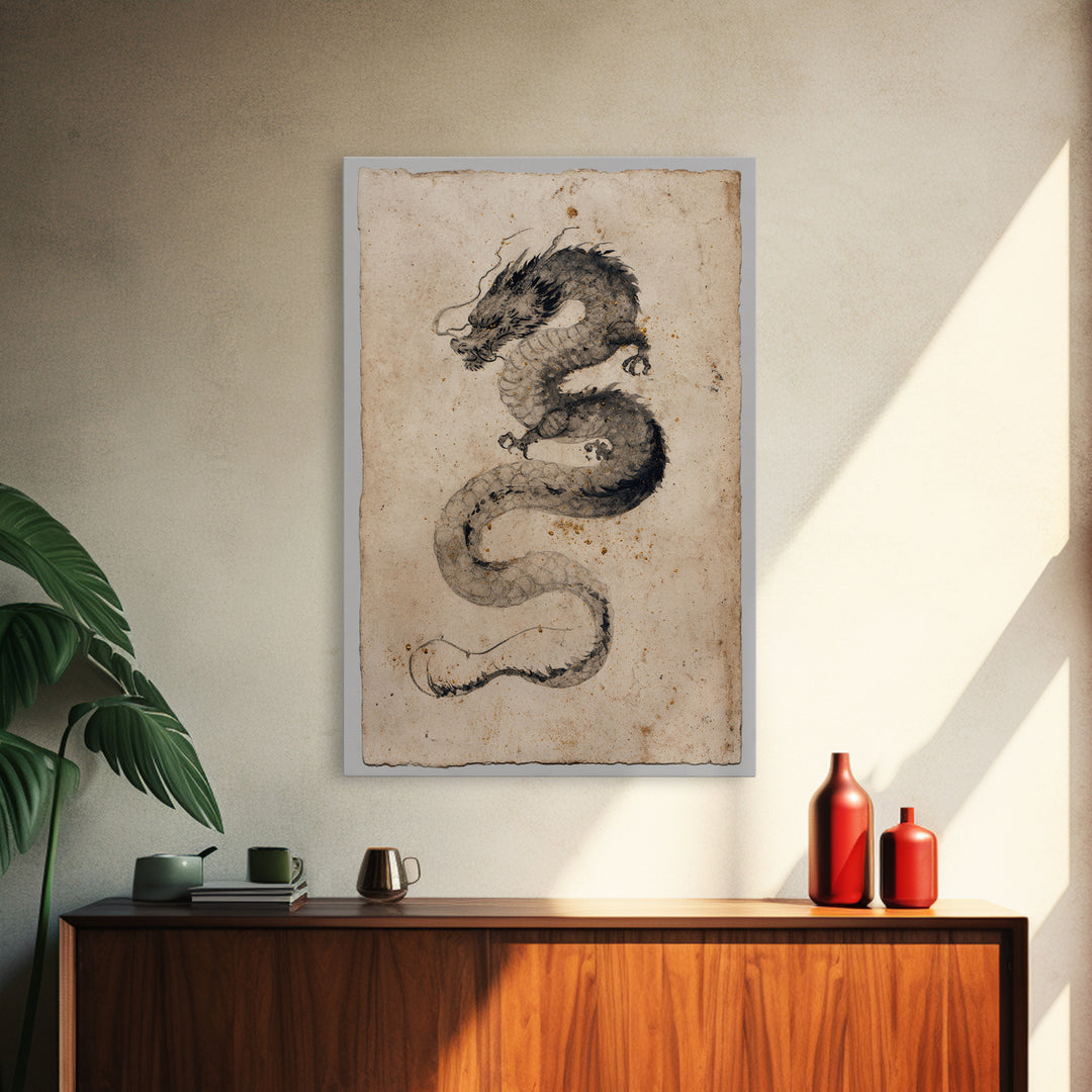 Ink Wash Dragon Curve Framed Canvas Print, Calligraphy Art, Painting, Living Room Decor, Fine Art, Script, Japanese Art, CAL-2x3-41