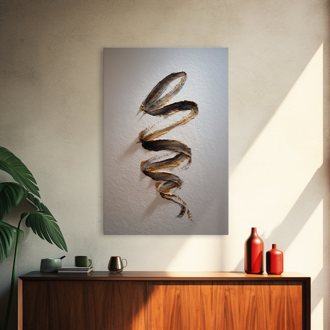 Gold Leaf Calligraphic Spiral on Plaster Surface Canvas Print, Calligraphy Art, Textured Painting, Living Room Decor, Script, CAL-2x3-46