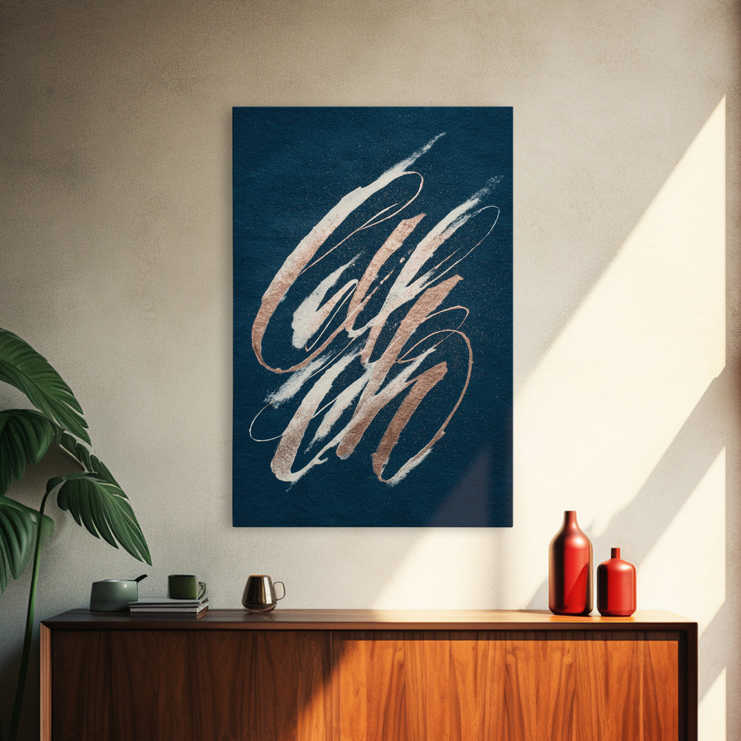 Layered Copper Ink Strokes on Dark Navy Canvas Print, Calligraphy Art, Prints, Living Room Decor, Script, Bedroom Wall Decor, CAL-2x3-62