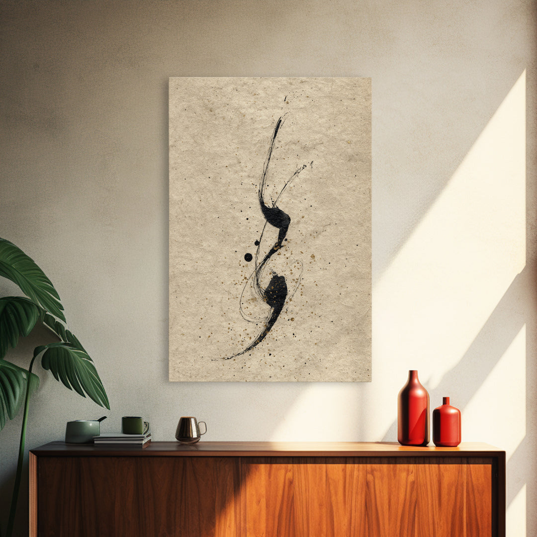Minimal Black Calligraphy Rhythm Framed Canvas Print, Calligraphy Art, Painting, Living Room Decor, Fine Art, Script, CAL-2x3-63