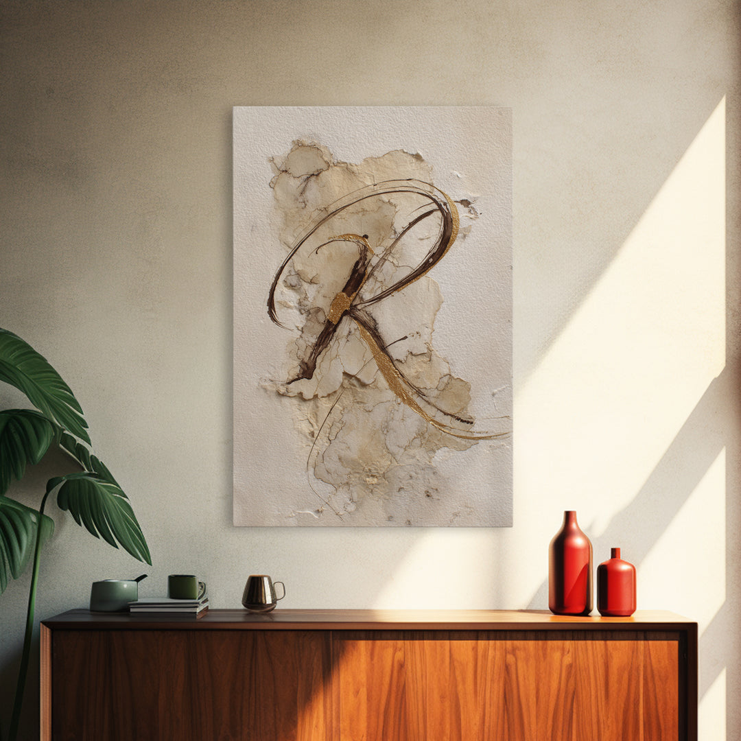 Gold Leaf Calligraphic Spiral on Plaster Surface Canvas Print, Calligraphy Art, Art, Living Room Decor, Oil Painting, Script, CAL-2x3-70