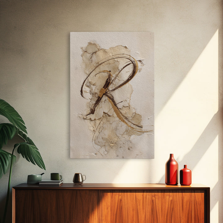 Gold Leaf Calligraphic Spiral on Plaster Surface Canvas Print, Calligraphy Art, Art, Living Room Decor, Oil Painting, Script, CAL-2x3-70