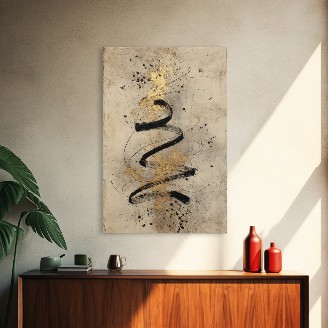 Gold Leaf Calligraphic Spiral on Plaster Surface Canvas Print, Calligraphy Art, Printable, Living Room Decor, Script, CAL-2x3-94