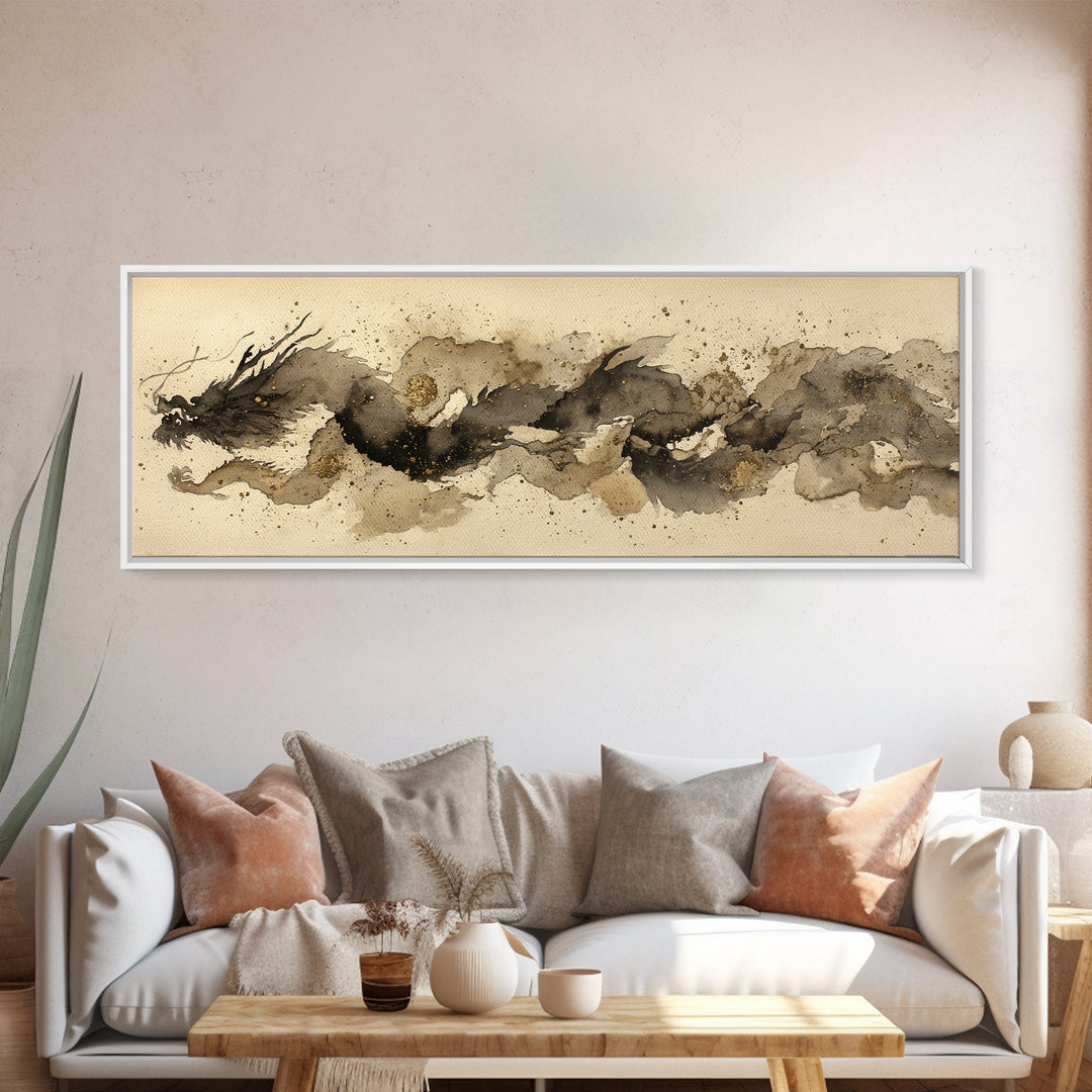 Ink Wash Dragon Curve Framed Canvas Print, Calligraphy Art, Wall Art Print, Living Room Decor, Fine Art, Script, Japanese Decor, CAL-3x1-1