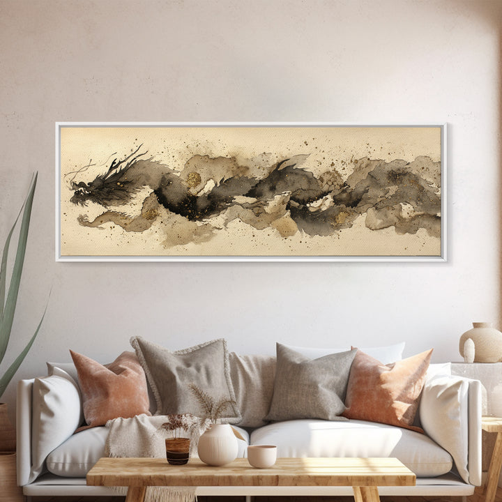 Ink Wash Dragon Curve Framed Canvas Print, Calligraphy Art, Wall Art Print, Living Room Decor, Fine Art, Script, Japanese Decor, CAL-3x1-1