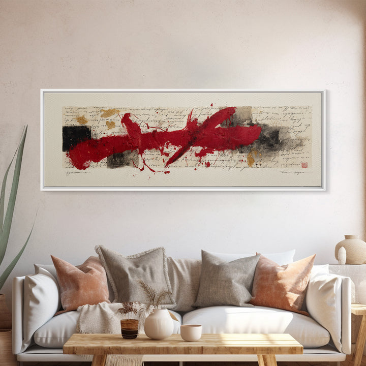 Bold Red Brushstroke Seal Abstraction Canvas Print, Calligraphy Art, Gallery Wall Set, Living Room Decor, Fine Art, Script, CAL-3x1-11