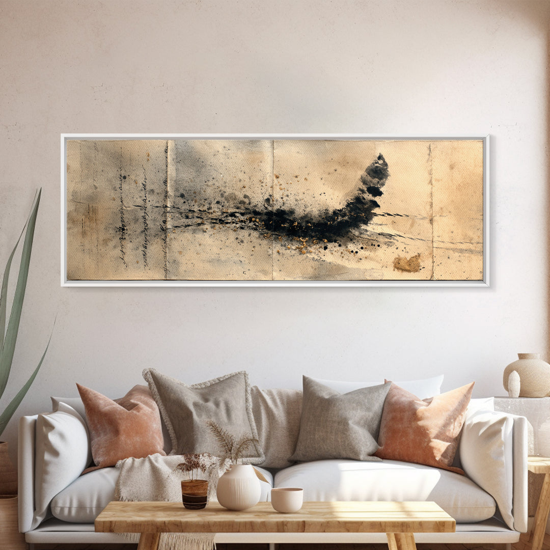 Abstract Prayer Flag of Brush Marks Framed Canvas Print, Calligraphy Art, Watercolor Print, Living Room Decor, Fine Art, Script, CAL-3x1-15