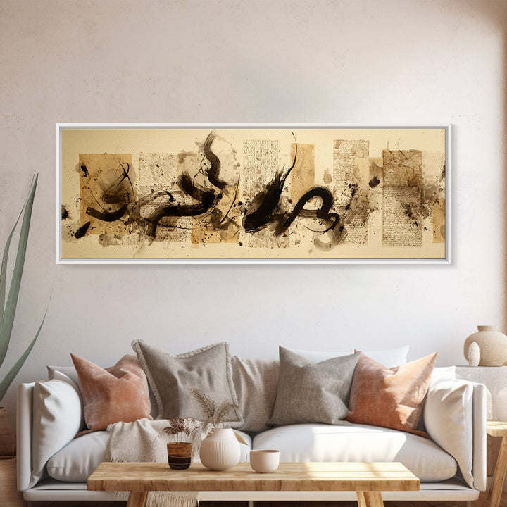 Large Sweeping Black Ink Gesture Like a Framed Canvas Print, Calligraphy Art, Living Room Wall Art, Living Room Decor, Script, CAL-3x1-17