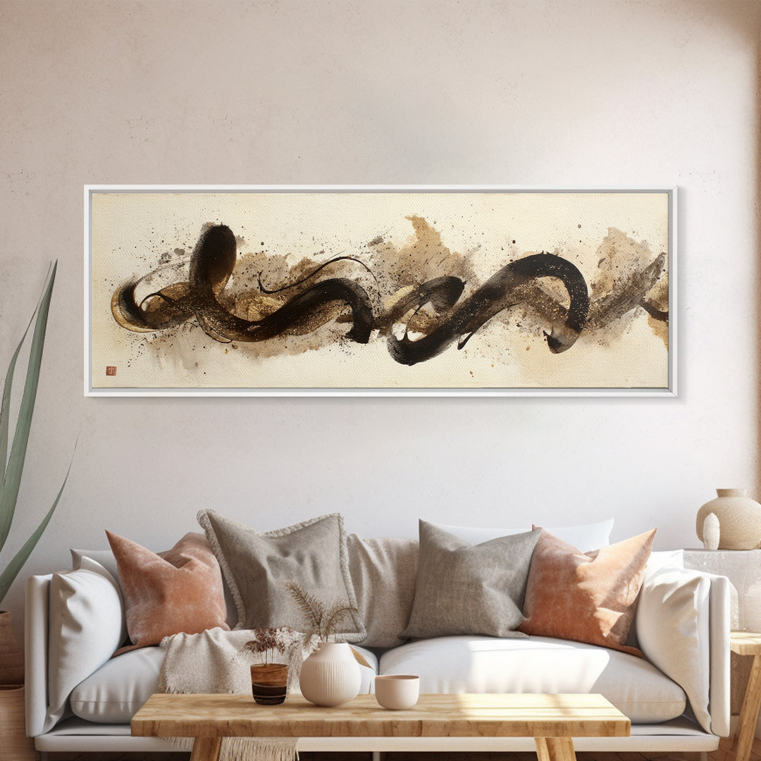 Abstract Gold Calligraphic Strokes on Ivory Paper Canvas Print, Calligraphy Art, Printable Wall Art, Living Room Decor, Script, CAL-3x1-18