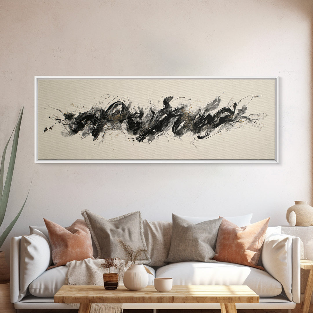 Calligraphic Bird Shape Formed from Flowing Lines Canvas Print, Calligraphy Art, Gallery Wall Set, Living Room Decor, Script, CAL-3x1-24