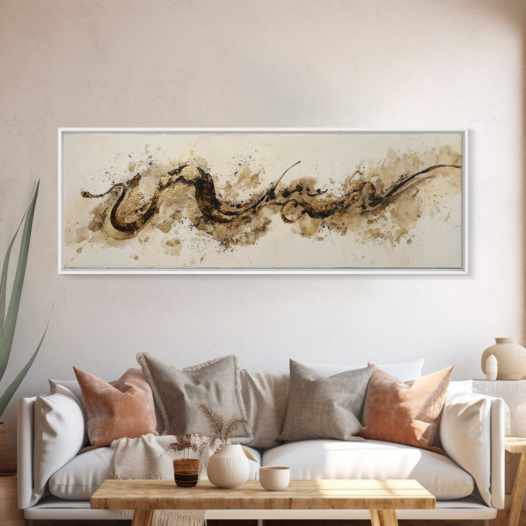 Gold Leaf Calligraphic Spiral on Plaster Surface Canvas Print, Calligraphy Art, Wall Art, Living Room Decor, Watercolor Art, CAL-3x1-30
