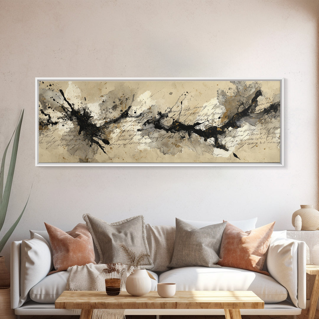 Ink Splatter and Long Brushstroke Composition Framed Canvas Print, Calligraphy Art, Quote Wall Art, Living Room Decor, Script, CAL-3x1-32