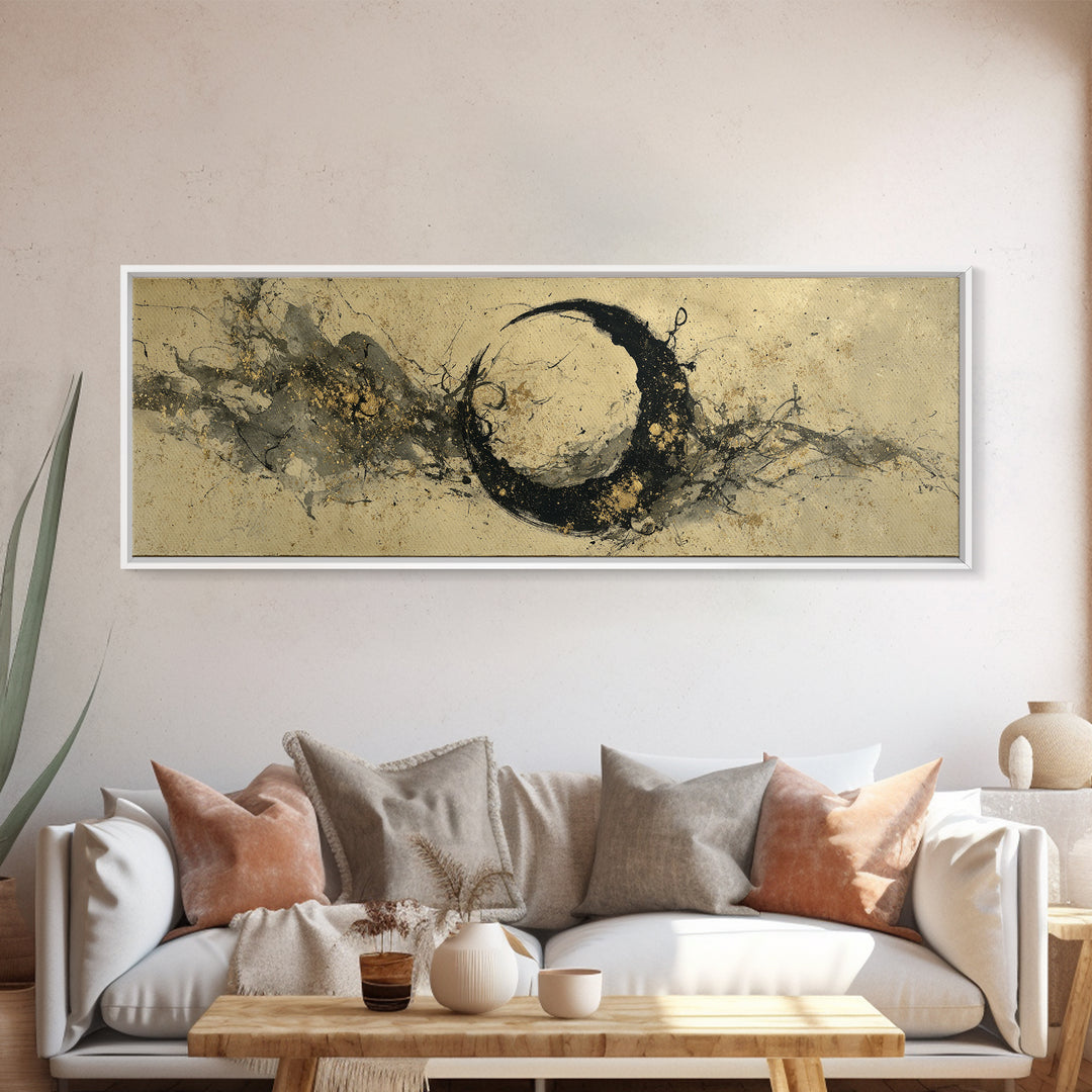 Crescent Moon Made from Elegant Ink Swashes Framed Canvas Print, Calligraphy Art, Japanese Art, Living Room Decor, Script, CAL-3x1-37