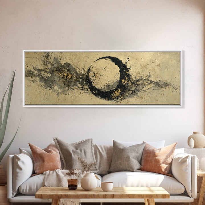Crescent Moon Made from Elegant Ink Swashes Framed Canvas Print, Calligraphy Art, Japanese Art, Living Room Decor, Script, CAL-3x1-37