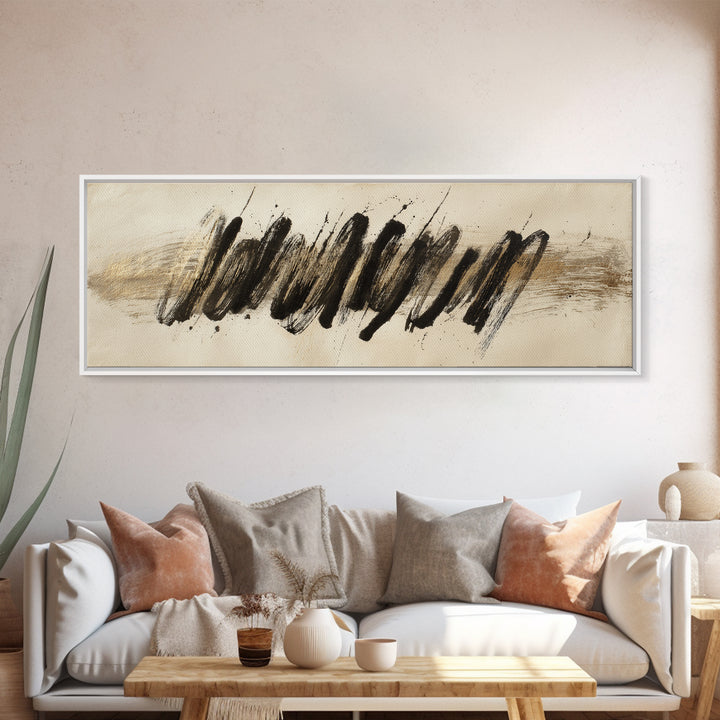Abstract Gold Calligraphic Strokes on Ivory Paper Canvas Print, Calligraphy Art, Unique Wall Art, Living Room Decor, Script, CAL-3x1-42
