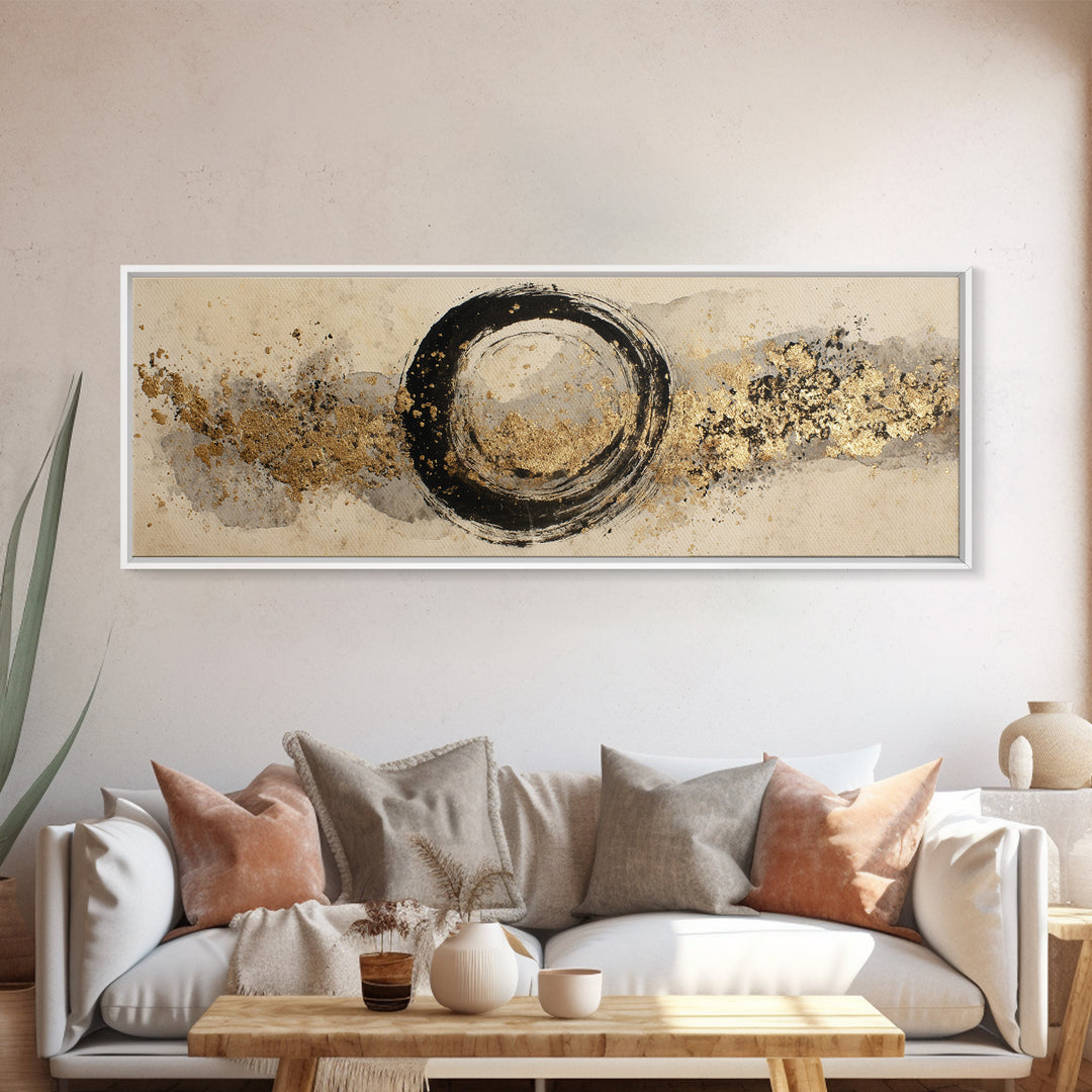 Japanese Brush Mark Circle Framed Canvas Print, Calligraphy Art, Neutral Decor, Living Room Decor, Fine Art, Script, Wall Art, CAL-3x1-44