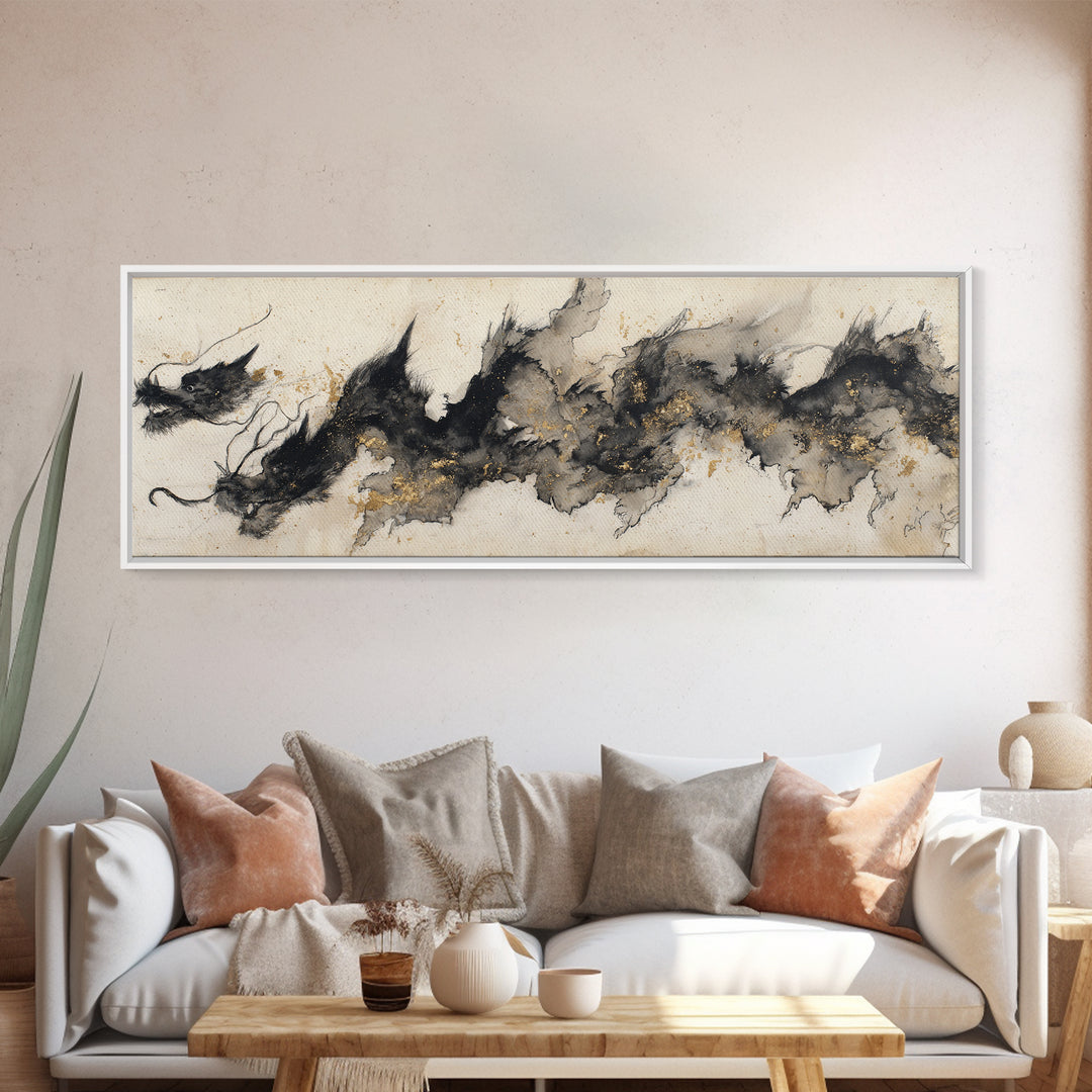 Ink Wash Dragon Curve Canvas Print, Calligraphy Art, Custom Art, Living Room Decor, Script, Neutral Decor, Modern Decor, CAL-3x1-49