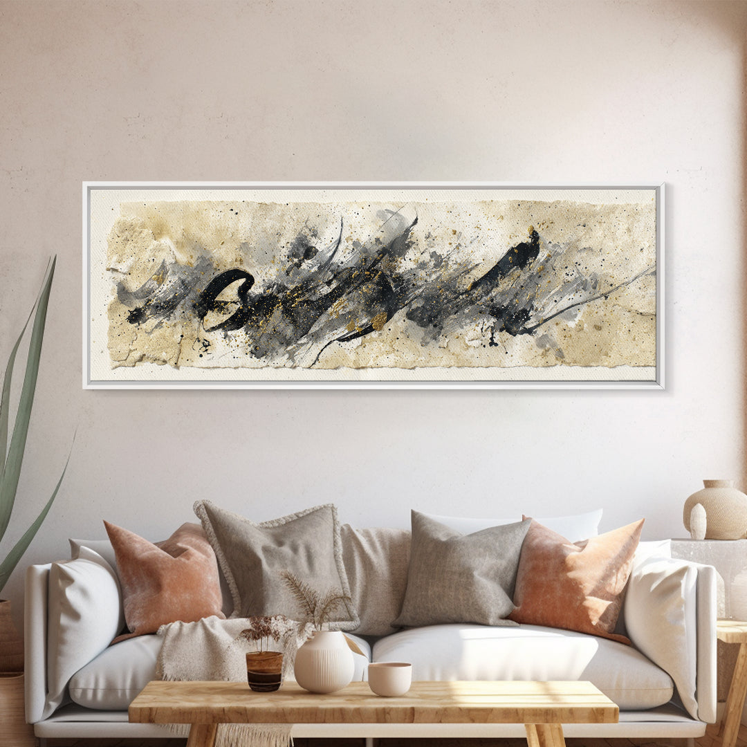 Monochrome Brush Alphabet Fragments as Abstract Texture Canvas Print, Calligraphy Art, Living Room Decor, Script, CAL-3x1-5
