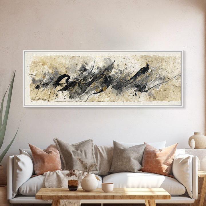 Monochrome Brush Alphabet Fragments as Abstract Texture Canvas Print, Calligraphy Art, Living Room Decor, Script, CAL-3x1-5