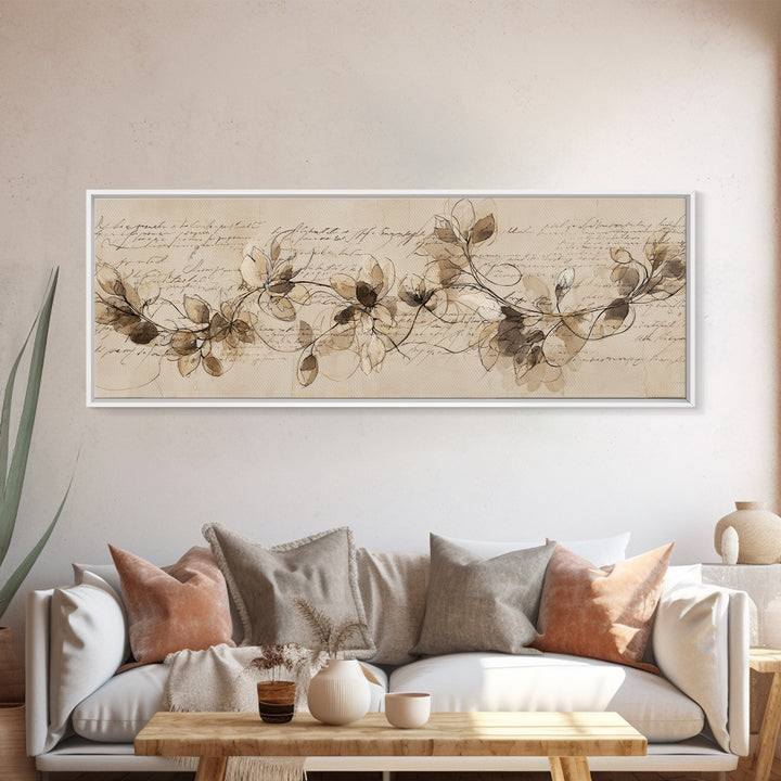 Floral Vine Created from Graceful Script Like Framed Canvas Print, Calligraphy Art, Living Room Decor, Oil Painting, Script, CAL-3x1-51