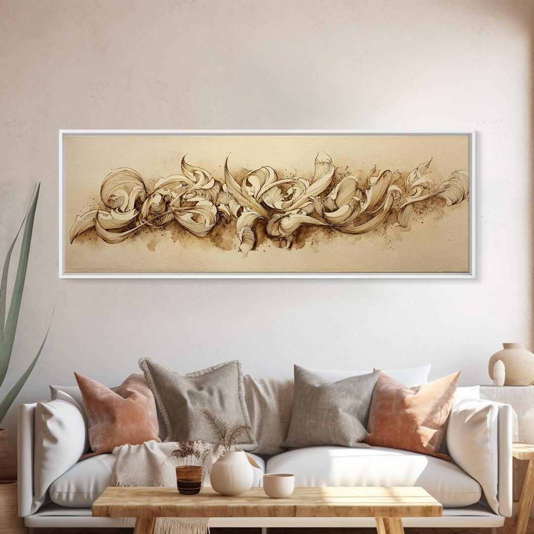 Baroque Scrollwork Made from Looping Pen Strokes Framed Canvas Print, Calligraphy Art, Room Decor, Living Room Decor, Script, CAL-3x1-52