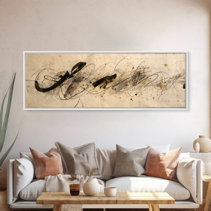 Monochrome Brush Alphabet Fragments as Abstract Texture Canvas Print, Calligraphy Art, Watercolor Art, Living Room Decor, CAL-3x1-53