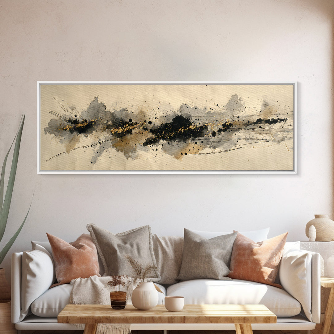 Ink Splatter and Long Brushstroke Composition Canvas Print, Calligraphy Art, Textured Painting, Living Room Decor, Script, CAL-3x1-56