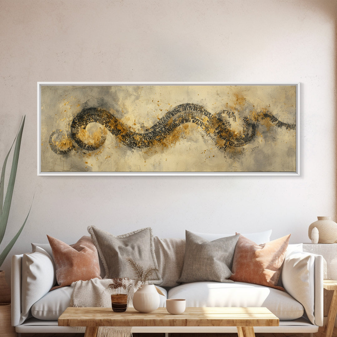 Gold Leaf Calligraphic Spiral on Plaster Surface Canvas Print, Calligraphy Art, Modern Art, Living Room Decor, Fine Art, Script, CAL-3x1-6